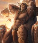 anthro armband arms_above_head blizzard_entertainment bottomwear bovid bovine cattle clothing cropped horn humanoid jewelry loincloth male mammal muscular muscular_anthro muscular_humanoid muscular_male navel navel_piercing necklace nipples piercing raised_arms solo tail tauren totem_pole twhord warcraft 