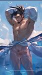  1boy abs absurdres arm_above_head arm_up armpits bara beach beard code2_ip day facial_hair feet_out_of_frame fish from_below half-erect high_ponytail highres large_pectorals league_of_legends looking_at_viewer male_focus male_pubic_hair mature_male muscular muscular_male mustache_stubble navel nipples partially_underwater_shot pectorals penis pubic_hair scar scar_on_face scar_on_nose solo standing stomach sunlight thick_eyebrows thighs undressing v-taper wet yasuo_(league_of_legends) 