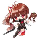  ahoge bandolier black_dress black_footwear black_gloves black_mask black_vest blush blush_stickers boots brown_hair chibi closed_eyes combo_fairy_(girls&#039;_frontline) dress fairy_(girls&#039;_frontline) fingerless_gloves full_body girls&#039;_frontline gloves gun hair_ribbon holding holding_gun holding_knife holding_weapon knee_pads knife leaf leaf_on_head long_hair looking_at_viewer mask mouth_mask multiple_girls ninja official_art one_side_up own_hands_together pouch red_eyes red_ribbon red_scarf ribbon saru scarf shotgun simple_background thigh_boots third-party_source torn_clothes torn_scarf transparent_background very_long_hair vest weapon 