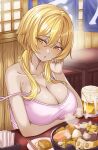  1girl absurdres alcohol alternate_costume bare_arms bare_shoulders beer beer_mug blonde_hair breasts camisole collarbone commentary_request cup food genshin_impact hair_between_eyes head_tilt highres indoors large_breasts long_hair looking_at_viewer lumine_(genshin_impact) mug o-los parted_lips sidelocks solo spaghetti_strap upper_body yellow_eyes 