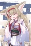  1girl animal animal_ears apron arknights artist_name blonde_hair blush closed_eyes commentary_request cowboy_shot dated fang fox fox_ears fox_girl fox_tail frilled_apron frills hair_between_eyes hairband happy_birthday heart highres japanese_clothes kimono kitsune kyuubi long_hair long_sleeves multiple_tails obi official_alternate_costume open_mouth oudonium pink_kimono pinwheel red_hairband revision sash solo suzuran_(arknights) suzuran_(yukibare)_(arknights) tail twitter_username waist_apron white_apron wide_sleeves 