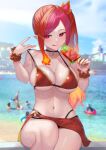  1girl :q bikini black_bikini_bottom black_choker blurry blurry_background breasts choker cleavage collarbone food frilled_wristband fruit fruit_popsicle gradient_hair hair_ornament highres holding holding_food holding_popsicle indie_virtual_youtuber initial kiwi_(fruit) large_breasts multicolored_hair navel orange_hair orange_nails pink_hair pointy_ears popsicle red_bikini red_eyes red_hair red_sarong rushian sarong sitting sky solo strawberry suzaku_nanami swimsuit tongue tongue_out wet yellow_nails 