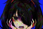  1girl ame-chan_(needy_girl_overdose) black_eyes black_hair blue_background chinese_commentary commentary_request hair_ornament hair_over_one_eye hair_tie hands_on_own_face long_hair looking_at_viewer needy_girl_overdose open_mouth pill portrait simple_background solo tears twintails x_hair_ornament zhaqieshenqing04175 