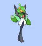  +_+ 1girl absurdres ahoge arm_at_side black_skin blue_background bob_cut bright_pupils colored_skin commentary english_commentary fang flat_chest full_body fusion gardevoir green_hair green_skin hair_over_one_eye hand_up happy highres horns legs looking_at_viewer mielle635 multicolored_skin ogerpon one_eye_covered open_mouth orange_horns orange_skin pokemon pokemon_(creature) short_hair simple_background skin-covered_horns smile solo spikes standing waving white_pupils yellow_eyes 
