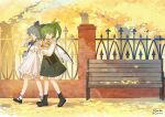  2girls alternate_costume artist_name autumn autumn_leaves bench black_footwear blue_eyes blue_hair boots cirno daiyousei dress fairy fairy_wings fumo_(doll) ginkgo_leaf green_dress green_eyes green_hair hair_between_eyes highres leaf long_hair long_sleeves multiple_girls one_eye_closed open_mouth puffy_short_sleeves puffy_sleeves shoes short_hair short_sleeves side_ponytail signature siyumu smile socks touhou twitter_username walking white_dress white_socks wings 