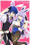  1boy 1girl absurdres alternate_costume animal_ears breasts brother_and_sister cleavage easter fake_animal_ears fake_tail fire_emblem fire_emblem:_genealogy_of_the_holy_war highres julia_(fire_emblem) large_breasts leotard long_hair looking_at_another open_mouth pantyhose playboy_bunny ponytail purple_eyes purple_hair seliph_(fire_emblem) siblings simple_background smile tail yukia_(firstaid0) 