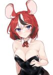  1girl alternate_hairstyle animal_ears blue_eyes breasts covered_navel detached_collar hakos_baelz highres hirasawa_izumi hololive hololive_english large_breasts mouse_ears multicolored_hair pantyhose playboy_bunny red_hair smile streaked_hair virtual_youtuber white_background 