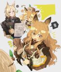  ! &gt;_&lt; 1boy 1girl animal_ears arknights arrow_(symbol) axe black_jacket black_shirt blonde_hair blue_necktie blush_stickers breasts brown_dress ceobe_(arknights) chibi collared_shirt cropped_torso dog_ears dog_girl dress happy highres holding holding_axe holding_newspaper horse_boy horse_ears jacket leaf log long_hair looking_at_another medium_breasts messy_hair mlynar_(arknights) multicolored_clothes multicolored_jacket necktie newspaper odmised open_mouth orange_hair reading red_eyes shirt short_hair sidelocks simple_background sparkle speech_bubble spoken_exclamation_mark tomahawk two-tone_jacket white_background white_jacket wood 