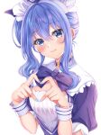  1girl absurdres anchor_symbol blue_bow blue_bowtie blue_dress blue_eyes blue_hair blue_nails blush bow bowtie choker cosplay dress finger_heart frilled_dress frilled_sailor_collar frills hasa_west heart heart_hands highres hololive hoshimachi_suisei looking_at_viewer maid maid_headdress minato_aqua minato_aqua_(1st_costume) minato_aqua_(cosplay) nail_polish ribbon sailor_collar short_sleeves smile solo star_(symbol) star_in_eye symbol_in_eye virtual_youtuber white_background wrist_cuffs 