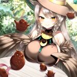  1girl akemitsume aura_venefika bird braid breasts brown_hair brown_headwear brown_wings copyright_name dairoku_ryouhei day feathered_wings harpy hat large_breasts long_hair looking_at_viewer mole mole_on_breast monster_girl outdoors owl sideboob smile solo twin_braids upper_body winged_arms wings witch_hat yellow_eyes 