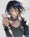  1girl alternate_costume audio_jack bare_shoulders black_choker boku_no_hero_academia breasts choker chup_her0 cross cross_necklace grey_background jewelry jirou_kyouka large_breasts looking_at_viewer necklace shirt short_hair simple_background smile solo spiked_choker spikes upper_body 