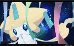  blue_eyes constellation facial_mark i-m-a jirachi letterboxed night no_humans own_hands_together pokemon pokemon_(creature) sky smile solo sparkling_eyes star_(sky) starry_sky tanzaku twitter_username 