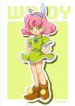  1girl blue_hairband brown_footwear curly_hair dress feather_hair_ornament feathers full_body green_dress green_eyes hair_ornament hairband highres jewelry looking_at_viewer oteitan panel_de_pon pink_hair short_hair smile solo standing windy_(panel_de_pon) 