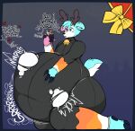  absurd_res anthro belly big_belly blush butt clothed clothing digital_media_(artwork) expansion fur furr3ak hair hi_res holding_belly male simple_background solo tail text wide_hips 