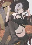  1girl absurdres bat_(animal) black_hair black_headwear breasts candy cleavage couch dimas_(dimas79756948) food grey_hair hat highres hololive hololive_english jack-o&#039;-lantern large_breasts long_hair looking_at_viewer lower_teeth_only multicolored_hair on_couch parted_lips pumpkin shiori_novella sitting smile solo split-color_hair teeth virtual_youtuber wide_sleeves witch_hat yellow_eyes 