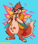 2020 2_tails 3_toes ambiguous_gender anthro beverage biped black_claws black_nose blue_background cheek_tuft chest_tuft claws facial_tuft feet floatzel fur generation_4_pokemon hi_res holding_object multi_tail nintendo nude orange_body orange_eyes orange_fur orange_tail pokemon pokemon_(species) screamingalien simple_background solo standing tail teeth toes tuft 