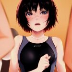  1girl amagami bare_shoulders black_eyes black_hair black_one-piece_swimsuit blue_one-piece_swimsuit blush bob_cut close-up collarbone competition_swimsuit highres looking_at_viewer nanasaki_ai one-piece_swimsuit open_mouth oshizu short_hair solo_focus swimsuit two-tone_swimsuit upper_body 