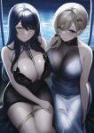  2girls absurdres alternate_costume asymmetrical_docking azur_lane black_dress black_hair blonde_hair blue_dress blue_eyes breast_press breasts cleavage cocktail_dress dress evening_gown fish_toucher hair_ornament hair_over_shoulder highres howe_(azur_lane) huge_breasts indomitable_(azur_lane) large_breasts long_dress looking_at_viewer multiple_girls night sitting water yellow_eyes 