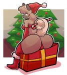  anthro big_butt blush brown_body butt canid canine canis christmas christmas_clothing christmas_headwear christmas_tree clothing digital_media_(artwork) female generation_7_pokemon gift hair hat headgear headwear hi_res holidays kiss_the_carrot looking_at_viewer mammal nintendo petra_(carrot_kiss) plant pokemon pokemon_(species) rockruff santa_hat shaded smile solo tree 