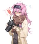  ! !! 1girl absurdres animal_ears arknights black_hairband brown_scarf camera cat_ears coat commentary_request goldenglow_(arknights) grey_eyes grey_shirt grey_skirt hair_ornament hairband hairclip highres holding holding_camera long_hair long_sleeves open_clothes open_coat pink_hair rui_(woyoudabing_rui) scarf shirt skirt solo upper_body 