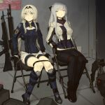  2girls ak-12 ak-12_(girls&#039;_frontline) an-94 an-94_(girls&#039;_frontline) assault_rifle black_gloves blonde_hair braid breasts cad_(caddo) electrical_outlet french_braid girls&#039;_frontline gloves green_eyes grey_hair gun highres kalashnikov_rifle long_hair long_sleeves magazine_(weapon) medium_breasts multiple_girls restrained rifle sidelocks sitting unconscious weapon 