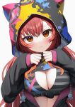  1girl :3 animal_hood black_bra black_jacket black_shrug blush bra breasts brown_eyes cleavage commentary goggles goggles_on_head hands_on_own_breasts highres hood jacket koba_(kobako42) long_hair long_sleeves looking_at_viewer medium_breasts multicolored_hair nekota_tsuna nekota_tsuna_(1st_costume) open_clothes open_jacket orange_hair paint_splatter parted_bangs puffy_long_sleeves puffy_sleeves red_hair shrug_(clothing) simple_background smile solo streaked_hair striped striped_bra underwear upper_body virtual_youtuber vspo! white_background 