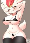  anthro big_breasts bra breasts buckteeth camel_toe cheek_tuft cinderace clothed clothing facial_tuft female front_view fur generation_8_pokemon hands_behind_head hi_res lagomorph legwear mammal nintendo pokemon pokemon_(species) pussy_tape sk3tchk4t sketch skimpy solo stockings teeth thick_thighs tuft underwear white_body white_fur 