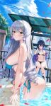  2girls absurdres ahoge aqua_bikini bare_shoulders bikini black_bikini blue_hair blush breasts bronya_rand closed_mouth drill_hair earrings grey_eyes grey_hair hair_between_eyes highres honkai:_star_rail honkai_(series) jewelry k.j. large_breasts long_hair looking_at_viewer medium_breasts multiple_girls navel one_eye_closed purple_eyes purple_hair seele_(honkai:_star_rail) side-tie_bikini_bottom sideboob smile swimsuit 