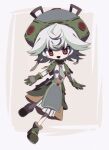  :3 atoymk breasts dress full_body gloves green_eyes green_footwear green_gloves green_hair green_headwear hat highres long_sleeves looking_at_viewer made_in_abyss multicolored_hair no_nose open_mouth prushka short_hair small_breasts smile white_dress white_hair 