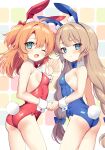  2girls ;d absurdres animal_ear_fluff animal_ears ass bare_shoulders blue_bow blue_bowtie blue_eyes blue_leotard blush bow bowtie braid breasts brown_hair collar commentary_request detached_collar fake_animal_ears fake_tail green_eyes hair_between_eyes hair_bow hand_up highres holding_hands leotard looking_at_viewer low_twintails multiple_girls natsuki_marina one_eye_closed orange_hair original playboy_bunny rabbit_ears rabbit_tail red_bow red_bowtie red_leotard small_breasts smile tail twin_braids twintails two_side_up white_collar wing_collar wrist_cuffs 