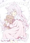  1girl ^_^ animal_ears cat_ears cat_girl cat_tail closed_eyes doll_hug frills highres long_hair long_sleeves lying nightgown object_hug on_side open_mouth original pillow pink_hair pink_nightgown sleeping stuffed_animal stuffed_toy tail teddy_bear tyakomes 