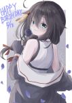  1girl ahoge black_gloves black_hair black_jacket blue_eyes braid fingerless_gloves from_behind gloves hair_flaps hair_over_shoulder happy_birthday jacket kantai_collection rafuresia_flat shigure_(kancolle) shigure_kai_san_(kancolle) shirt single_braid sleeveless sleeveless_shirt solo white_shirt 