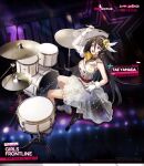  1girl ascot bandaged_head bandages black_hair boots breasts buttons character_name colored_shoe_soles commentary copyright_name cymbals double-breasted dress drum drum_set drumsticks earrings english_commentary english_text full_body fur-trimmed_sleeves fur_trim girls&#039;_frontline gloves hair_between_eyes hairband highres holding holding_drumsticks imoko_(imonatsuki) instrument jewelry large_breasts long_hair music no_socks official_alternate_costume official_art open_mouth playing_instrument promotional_art red_eyes see-through see-through_sleeves single_sleeve sitting solo star_(symbol) white_dress white_footwear white_gloves white_hairband yamada_tae yellow_ascot zombie_land_saga 