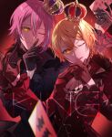  2boys arm_up ascot asymmetrical_bangs black_gloves blonde_hair blue_hair card closed_mouth commentary_request crown double-parted_bangs gloves glowing glowing_eyes hair_between_eyes hand_on_own_chin hand_up hands_up highres holding holding_card kamishiro_rui king_(vocaloid) looking_at_viewer male_focus multicolored_hair multiple_boys one_eye_closed poppoman project_sekai purple_hair red_gloves short_hair streaked_hair tenma_tsukasa two-tone_hair upper_body yellow_eyes 