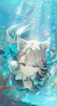  1girl blonde_hair braid breasts bubble cat_girl cat_tail cleavage cleavage_cutout clothing_cutout dekalco genshin_impact highres long_hair looking_at_viewer lynette_(genshin_impact) pale_skin pout purple_eyes ribbon single_braid star_(symbol) swimming tail underwater 