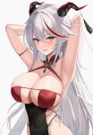  1girl aegir_(azur_lane) aegir_(golden_dragon_among_auspicious_clouds)_(azur_lane) armpits arms_up azur_lane bare_shoulders bilei blush breasts cleavage earrings grey_hair hair_between_eyes highres horn_ornament horns jewelry large_breasts long_hair multicolored_hair official_alternate_costume parted_lips red_hair simple_background smile solo streaked_hair upper_body white_background yellow_eyes 