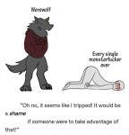  anthro ass_up blush bottomless canid canine canis claws clothed clothing dialogue digitigrade duo english_text fur grey_body grey_fur human humor imminent_sex larger_anthro male mammal sarcasm size_difference standing submissive submissive_human sweater text topwear unknown_artist were werecanid werecanine werewolf wolf 