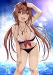  1girl beach bikini breasts brown_eyes brown_hair cleavage day hair_between_eyes hair_flaps hairband highres kantai_collection kuromayu large_breasts long_hair looking_at_viewer low_twintails ocean open_mouth outdoors patterned_clothing red_hairband shiratsuyu_(kancolle) shiratsuyu_kai_ni_(kancolle) sky solo sun sunlight swimsuit tan tanlines twintails water wet whistle whistle_around_neck 
