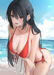  absurdres ass beach bikini black_hair breasts hand_towel highres jewelry large_breasts necklace ocean orange_bikini po_ppe sunlight sweat swimsuit thick_thighs thighs violet_eyes 
