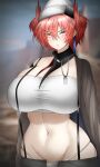  1girl arknights bandeau breasts faihara fiammetta_(arknights) groin hair_between_eyes highres huge_breasts looking_at_viewer midriff navel official_alternate_costume panties parted_lips pointy_hair red_eyes red_hair short_hair single_bare_shoulder solo stomach strapless suspenders tube_top underwear upper_body white_headwear white_panties 