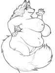  absurd_res anthro areola belly belly_overhang belly_tuft big_areola big_breasts breasts canid canine digital_drawing_(artwork) digital_media_(artwork) female fox freckles genitals hair hand_on_hip hi_res juicydemon looking_at_viewer love_handles mammal monochrome nipple_piercing nipples nude overweight overweight_anthro overweight_female pawpads piercing pussy sharp_teeth sketch smile solo tail tail_around_leg teeth tuft wave wavy_hair wide_hips 