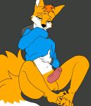  2_tails anonymous_artist anthro balls canid canine claws clothed clothing clothing_lift digital_media_(artwork) feet fluffy fox fur genitals hindpaw male male/male mammal multi_tail nude orange_body orange_fur paws penis shirt shirt_lift solo sweater tail topwear 