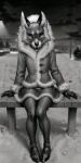  2023 ai_generated alice_the_vixen anthro bench canid canine clothing coat fangs female fur gloves handwear hybrid legs_together mammal monochrome open_mouth open_smile sitting smile snow solo teeth tiny_bunny topwear winter winter_coat 