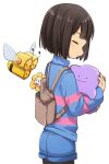  1other :p androgynous backpack bag black_pantyhose blue_shorts blue_sweater blunt_bangs blunt_ends blush bob_cut brown_bag brown_hair closed_eyes closed_mouth combee commentary cowboy_shot denim denim_shorts ditto double_horizontal_stripe expressionless flower flowey_(undertale) flying frisk_(undertale) from_behind from_side highres holding holding_pokemon in_bag in_container leftporygon light_blush long_sleeves open_mouth pantyhose parted_lips personification pink_sweater pokemon pokemon_(creature) short_hair short_shorts shorts shouting simple_background smile solo standing sweater tongue tongue_out turning_head turtleneck turtleneck_sweater two-tone_sweater undertale white_background yellow_flower 