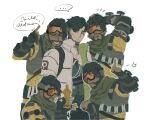  ... 5boys annoyed apex_legends black_eyes black_gloves black_hair black_pants black_shirt bodysuit clone crypto_(apex_legends) english_commentary english_text facial_hair fingerless_gloves gloves goatee goggles goggles_on_head green_scarf green_vest grey_jacket hair_behind_ear highres holding_trophy hologram jacket looking_to_the_side mao_ke mirage_(apex_legends) multiple_boys pants pointing pointing_down pointing_up puckered_lips scar scar_across_eye scarf shirt sketch smile spoken_ellipsis too_much_witt vest yellow_bodysuit 