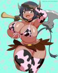  1girl :d absurdres animal_ears animal_print arm_up axe bell bikini black_hair blush boots breasts brown_gloves calcia_(soulkibble) carrying_over_shoulder cow_ears cow_girl cow_horns cow_print cow_tail cowbell curvy dark-skinned_female dark_skin elbow_gloves fang front-tie_top gloves highres horizontal_pupils horns huge_breasts kemonomimi_mode micro_bikini microskirt narrow_waist neck_bell open_mouth original short_hair shortstack simple_background skin_fang skirt smile solo soulkibble swimsuit tail thick_thighs thighhighs thighs web_address wide_hips yellow_eyes 