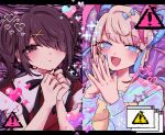  2girls :d ame-chan_(needy_girl_overdose) black_eyes black_hair black_ribbon blonde_hair blue_bow blue_eyes blue_hair blue_nails blue_shirt blush bow chouzetsusaikawa_tenshi-chan collar collared_shirt commentary_request dual_persona hair_bow hair_ornament hair_over_one_eye hands_up heart heart_hair_ornament highres ink_(0killq) long_hair long_sleeves looking_at_viewer multicolored_hair multicolored_nails multiple_girls nail_polish neck_ribbon needy_girl_overdose open_mouth own_hands_together pink_bow pink_hair pink_nails pixel_heart purple_bow quad_tails red_shirt ribbon sailor_collar shirt sign smile sparkle steepled_fingers suspenders twintails upper_body warning_sign white_collar window_(computing) x_hair_ornament yellow_bow yellow_nails 