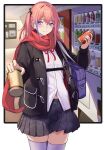  1girl 3_small_spiders alternate_costume bag black_jacket black_skirt blue_bag blue_eyes blush can commentary_request commission cowboy_shot girls&#039;_frontline gradient_hair highres holding holding_can jacket long_hair long_sleeves looking_at_viewer midriff_peek multicolored_hair navel neck_ribbon one_side_up open_clothes open_jacket outside_border outstretched_arm pink_hair pleated_skirt pov purple_hair reaching reaching_towards_viewer red_ribbon red_scarf ribbon scarf shirt shoulder_bag skeb_commission skindentation skirt smile solo st_ar-15_(girls&#039;_frontline) thighhighs two-tone_hair vending_machine white_shirt white_thighhighs 