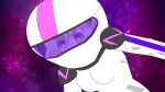  1girl armor blue_eyes floating helmet highres neptune_(series) non-web_source pink_hair purple_sister shirt shoulder_armor space spacesuit 