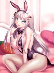  1girl alternate_costume animal_ears atelier_(series) atelier_lulua bare_shoulders between_legs black_bow black_bowtie black_leotard blunt_bangs blurry blurry_background blush bow bowtie breasts cleavage commentary commission covered_nipples curvy elmerulia_fryxell english_commentary eyelashes fake_animal_ears fake_tail feet_out_of_frame fishnet_pantyhose fishnets floating_hair from_side green_eyes grey_hair hair_ornament hand_between_legs hand_up head_tilt heart heart_hair_ornament heart_pillow highleg highleg_leotard indoors large_breasts leaning_forward leotard long_hair looking_at_viewer on_bed pantyhose pillow pinky_out playboy_bunny rabbit_ears rabbit_tail seductive_smile sidelocks sitting skeb_commission smile solo straight_hair sweat tail thighs tongue tongue_out very_long_hair white_wrist_cuffs zen_(kamuro) 
